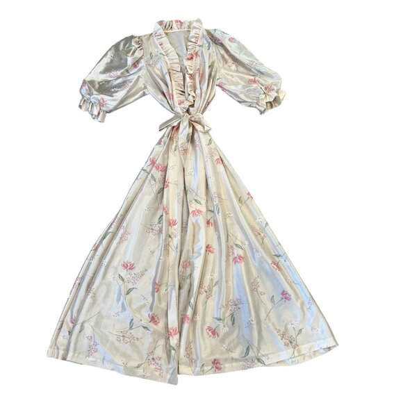 Vintage JcPenney Misses Satin Floral Puffed Sleeve Ivory Floral Ruffle Robe Larg